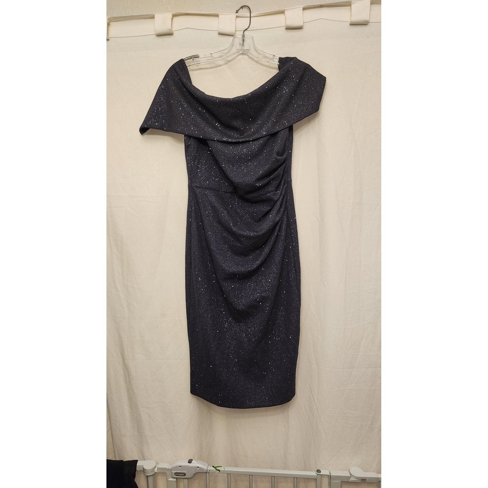 Vince Camuto Dress Womens Off Shoulder Glitter Ruched Sheath Navy Party
